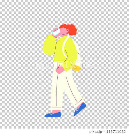 スマホで通話をしながら歩く女性のイラスト　白い背景に分離されたフラットなRGBのベクター 113711082