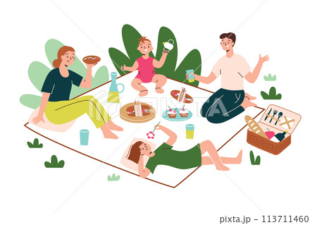 Happy family having picnic outdoors, vector doodle illustration of parents and children sitting on blanket, eating sandwiches, relaxing in nature, picnic basket icon, summer activity Happy family having picnic outdoors, vector doodle illustration of parents and children sitting on blanket, eating sandwiches, relaxing in nature, picnic basket icon, summer activity 113711460