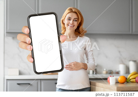 Pregnant woman showing smartphone with blank screen Pregnant woman showing smartphone with blank screen 113711587