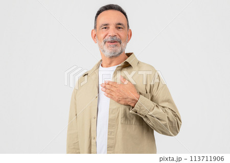 Elderly man with hand on heart gesture Elderly man with hand on heart gesture 113711906