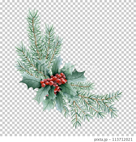 Christmas red berries with fir tree branches watercolor illustration isolated on white. Hand drawn corner composition with holly and spruce plants for winter holiday season greeting banner and cards 113712021