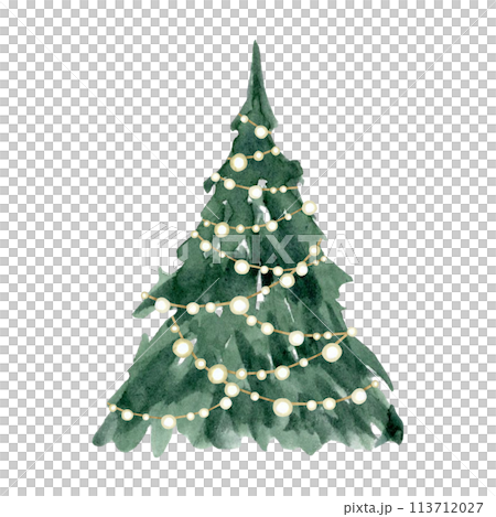 Christmas tree with shining garland lights watercolor sketch illustration isolated on white background in simple style for Happy New Year greeting cards and designs Christmas tree with shining garland lights watercolor sketch illustration isolated on white background in simple style for Happy New Year greeting cards and designs 113712027