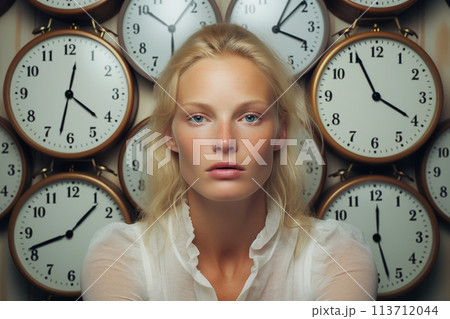 Woman with clocks on the wall. Time management concept. Generative Ai. 113712044