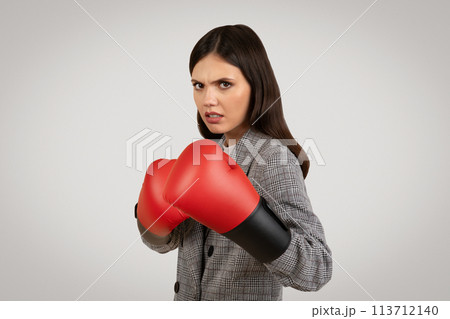 Fierce businesswoman with boxing gloves in business attire 113712140