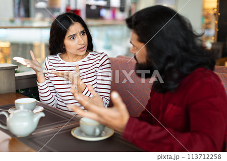 Angry couple shouting at each other on date at cafe 113712258