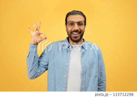 Man showing an 'OK' hand sign with a smile 113712296