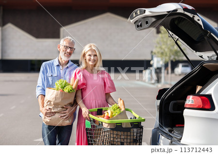 Happy senior couple with car and groceries 113712443