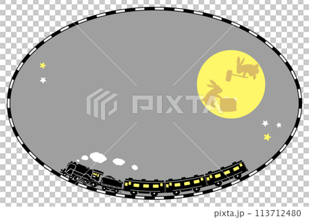 A pattern brush drawn railroad track frame and a toy-style SL C62 silhouette design with moon and rabbits, oval A pattern brush drawn railroad track frame and a toy-style SL C62 silhouette design with moon and rabbits, oval 113712480