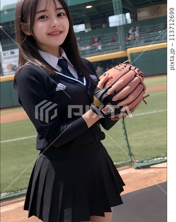 イラスト素材 : 野球をする女子高生（ピッチャー） 113712699