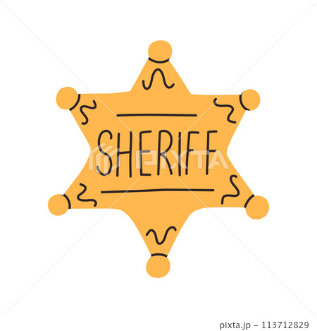 Sheriff badge isolated on white background. Vector illustration of a wild west police star. Hand drawn style. 113712829