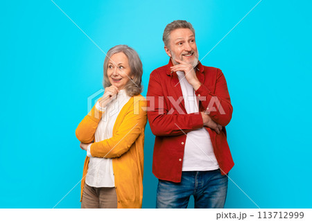 Thoughtful senior husband and wife standing back to back, studio Thoughtful senior husband and wife standing back to back, studio 113712999