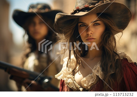 Wild West girls, westerns, outlaws and bandits, sheriffs, robbers and lawmen, stylization and glamour, authenticity of Texas fierce look of self-confidence . 113713232