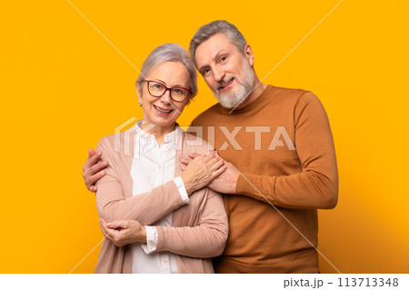 Portrait of beautiful elderly couple hugging with love, yellow studio Portrait of beautiful elderly couple hugging with love, yellow studio 113713348