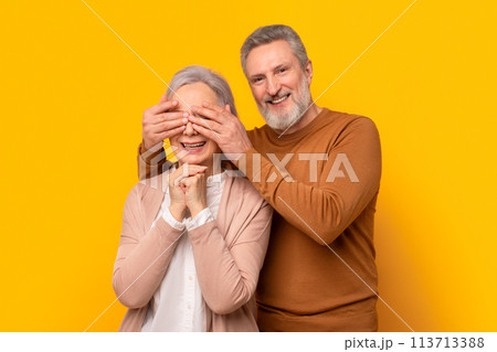 Cheerful European senior man closes eyes to his wife, studio 113713388