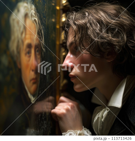Dorian Gray and his aging old portrait. The once pristine canvas now mirrors his hidden sins, capturing the decay of his soul as time etches its mark on the haunting masterpiece. 113713426
