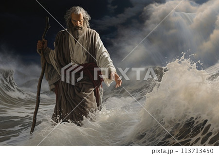 Religious biblical concept, the story of Moses parting the sea, flight from Pharaoh, the Jews, belief in God and Jesus Christ , the liberation of the Jews from Egyptian captivity, the miracle . 113713450