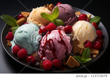 Ice cream, a dessert foodstuff, an ancient delicacy. Food in heat and summer, candy and tasty, a refreshing dessert, sweet. Frozen dessert of fruit, cream of dairy products. 113713679