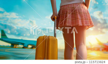Legs of young woman with suitcase 113713824