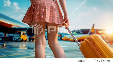 Legs of young woman with suitcase 113713826