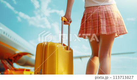 Legs of young woman with suitcase Legs of young woman with suitcase 113713827