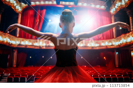 girl in a red tutu dancing on the stage 113713854
