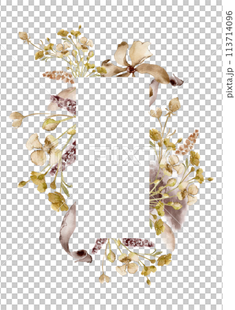 Dry flowers, leaves monochrome in watercolor sienna color. Frame of monotone flowers isolated. Card with wild brown plants hand drawn. Design of branding, invitations, printed products 113714096