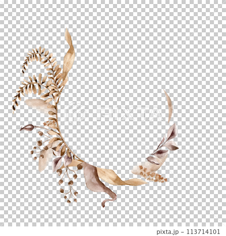 Palm branch, dry herb in monochrome brown watercolor. Circle frame of Abstract plants in sienna color isolated. Fantasy leaves hand drawn. Design of branding, invitations, printed products, wedding 113714101