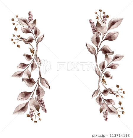 Maroon leaves and wild flowers in watercolor. Border of branches in sepia color isolated. Watercolor monochrome plants frame. Design of branding , invitations, printed products, save the date 113714118
