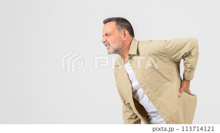 Old man with back pain isolated on white background 113714121