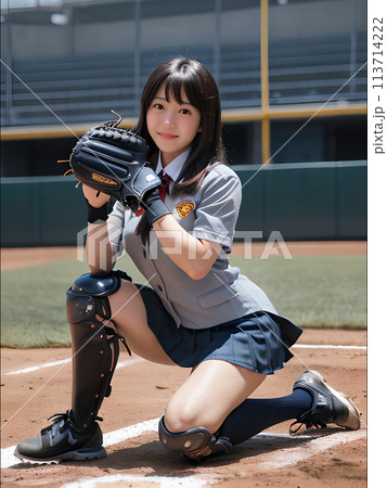 イラスト素材 : 野球をする女子高生（キャッチャー） 113714222