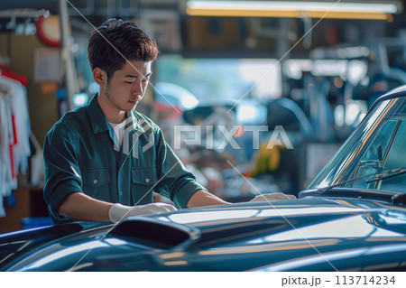 自動車の点検をする若い自動車整備士 113714234