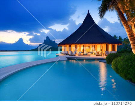 umbrella and chair around swimming pool 113714270