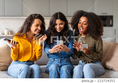 Group of friends looking at smartphone at home Group of friends looking at smartphone at home 113714351