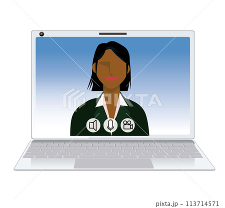 オンライン会議のイメージイラスト　ノートパソコンとフラットデザインの黒人女性のビジネスマン人物 113714571