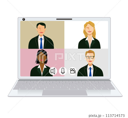 4人のオンライン会議のイメージイラスト 4分割フラットデザインの色々な人種のビジネスマンのイラスト 4人のオンライン会議のイメージイラスト 4分割フラットデザインの色々な人種のビジネスマンのイラスト 113714573