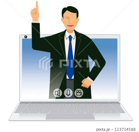 オンライン会議のイメージイラスト　フラットデザインの日本人男性のビジネスマン　指差しポーズ 113714588