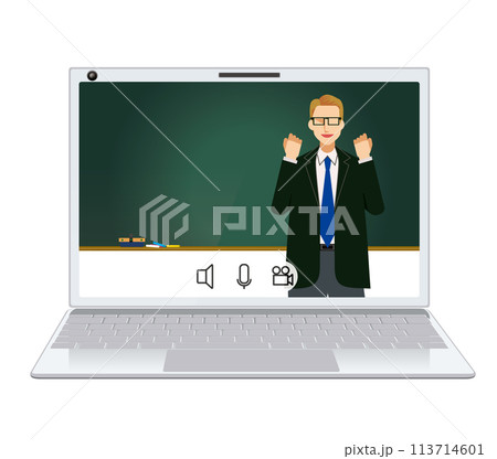 オンライン授業のイメージイラスト　フラットデザインの白人男性の先生、教授、講師、セミナー 113714601