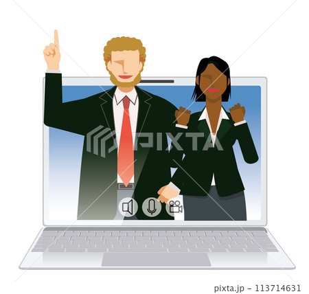 オンライン会議のイメージイラスト　男女二人のフラットデザインの白人男性と黒人女性のビジネスマン 113714631