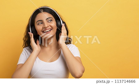 Young lady enjoying music on headphones Young lady enjoying music on headphones 113714666