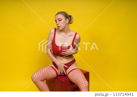 Seductive attractive blonde woman posing in fashionable lingerie in studio Seductive attractive blonde woman posing in fashionable lingerie in studio 113714941