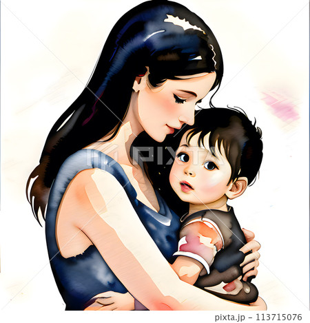Mother's day, Women Day, Mother and little boy, Watercolor painting style 113715076