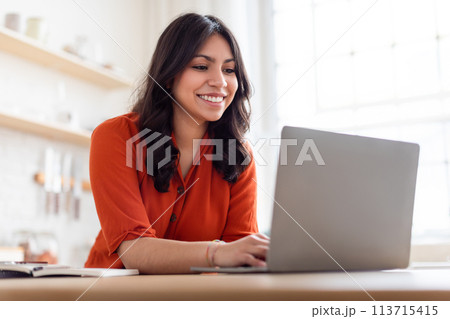 Engaged middle eastern woman with laptop and notebook 113715415