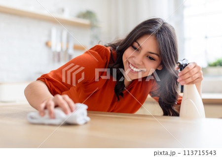 Smiling woman spraying cleaner on wood counter 113715543