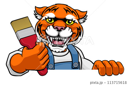 Tiger Painter Decorator Holding Paintbrush 113715618