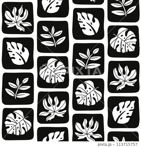 Minimal tropic leaves seamless pattern. Black and white geometric tropical foliage vector print 113715757