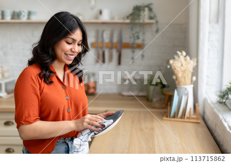 Young middle eastern woman wiping plate in kitchen Young middle eastern woman wiping plate in kitchen 113715862