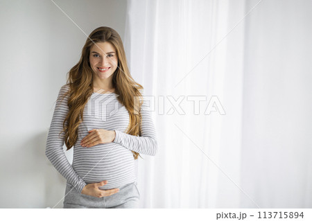 Smiling pregnant woman standing by a window 113715894