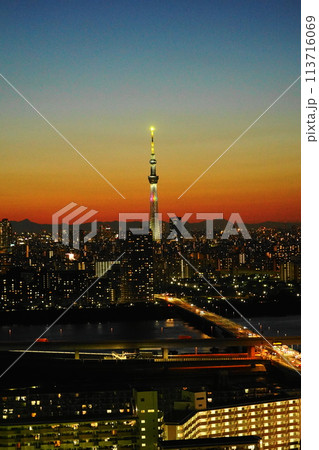 スカイツリーのある夕景　5月江戸川55東京スカイツリー夕景・タワーホール船堀 113716069
