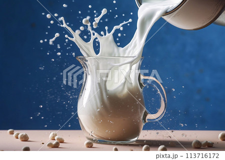 Fresh milk is poured into a glass. Homemade milk. Dairy products. 113716172