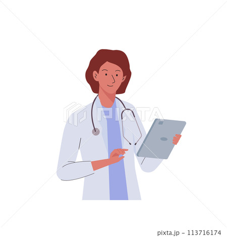 Woman doctor with stethoscope works with tablet. Medic consultation and diagnosis 113716174